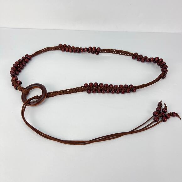Bohemian-Style Sash Belt Wooden Beaded Chain Wooden Ring Leather Tie Closure OS - Picture 9 of 10